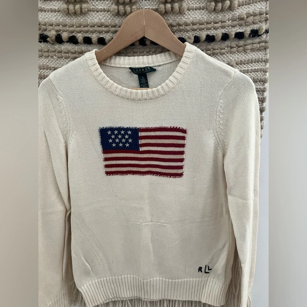 Vintage Rare Green Tag 90S Ralph Lauren Ivory Flag Knitted Sweater - Picture 2 of 15